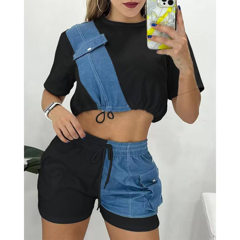 Nuovo completo due pezzi in denim con cuciture che lasciano intravedere l'ombelico e pantaloncini a maniche corte alla moda estiva_voghion.com
