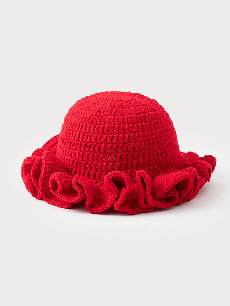 Solid Color Hand Woven Knitted Hat Bohemian Style Hollowed Out Pleated Hat, Bamboo Hat, Ruffled Edge Pullover Hat_voghion.com