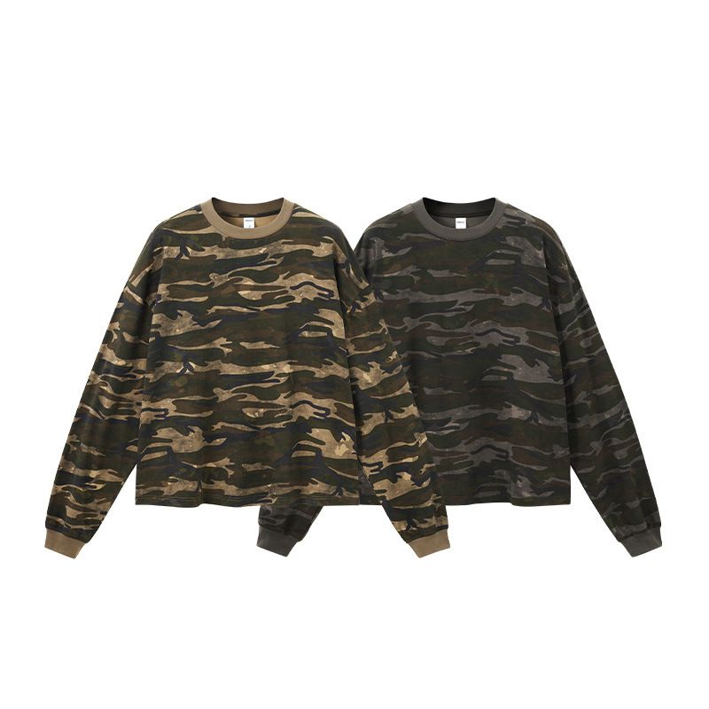 Streetwear Camo Box Fit Long Sleeve T-Shirt For Men – Oversized Relaxed Crew Neck Tee (Dark Grey Camo, Khaki Camo)_voghion.com