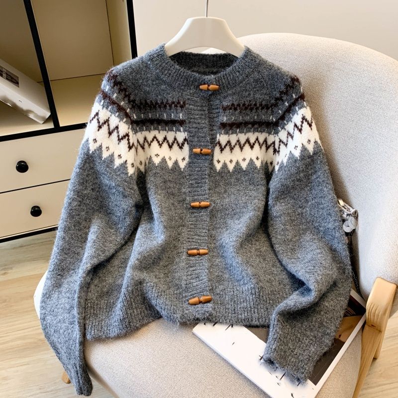Grobstrick-Cardigan – Übergroßer, kuscheliger Pullover (Weiß/Grau/Blau) | Weicher und stylischer Damenpullover für Herbst und Winter_voghion.com