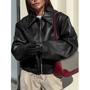 Giacca in similpelle oversize in stile motociclista per donna - Cappotto ampio a maniche lunghe (bordeaux/marrone/nero/verde oliva)_voghion.com