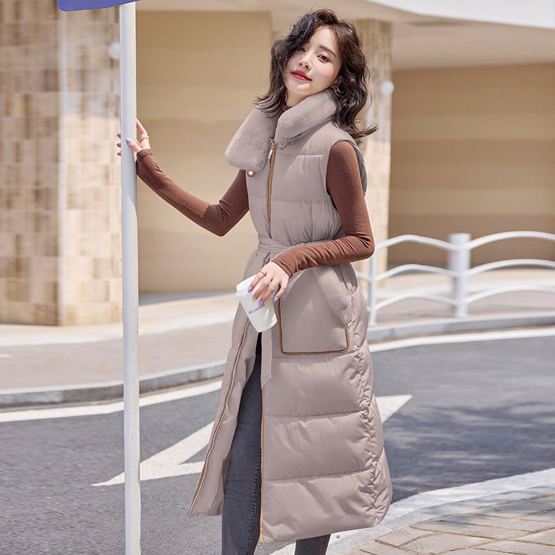 Gilet long sans manches à capuche pour femme, fermeture éclair réversible, taille cintrée, doudoune matelassée légère pour le travail et les loisirs._voghion.com