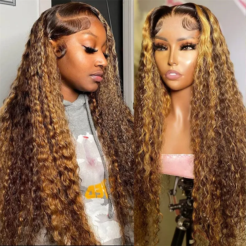 4/27 Highlight Water Wave Human Hair Wig 13x4 Lace Frontal Human Hair Wig For Women Curly Wig Transparent Lace Front Wig 180%_voghion.com