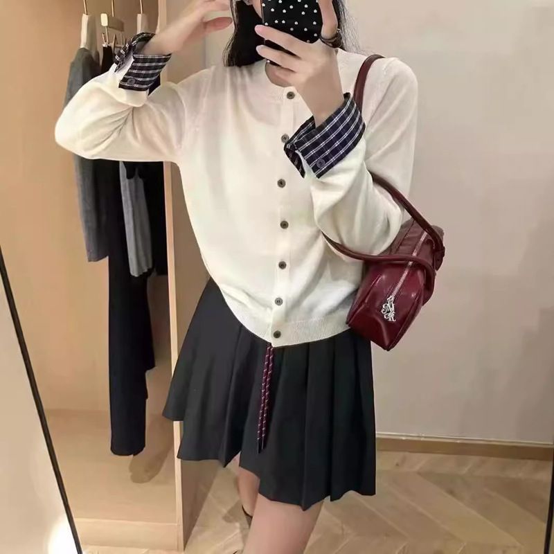 Cárdigan de punto para mujer con diseño de patchwork y efecto imitación de dos piezas, abrigo tipo suéter fino de un solo botón._voghion.com