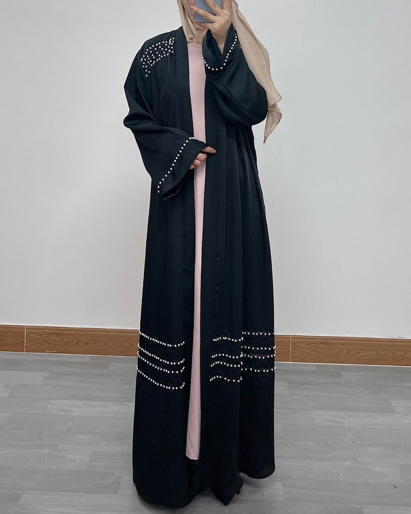 Elegant Dubai Pearl-Embellished Abaya – Long Sleeve Open Front Robe Dress (Black/Burgundy, S-XXL)_voghion.com