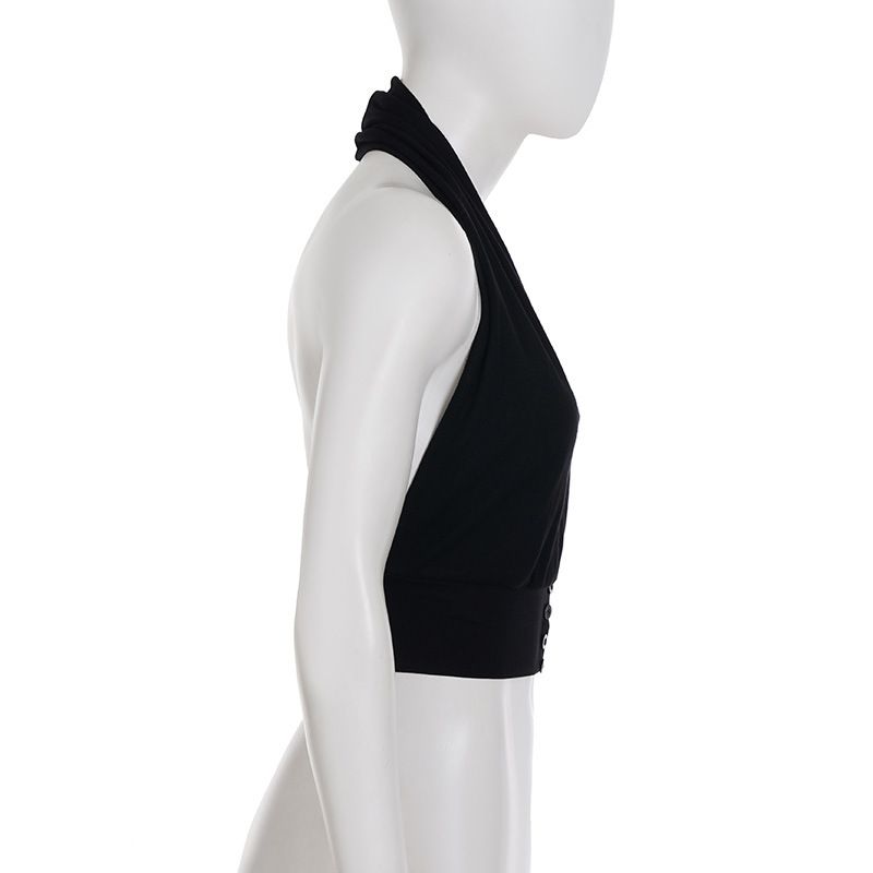 Damenbekleidung Sommer Star Style Einfarbig Neckholder V-Ausschnitt Strickweste Damen Knopftaille Sexy Großes rückenfreies Oberteil_voghion.com