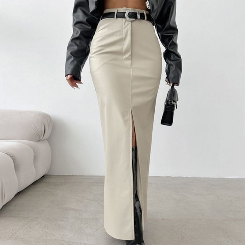 Verve French Style Leather Design Split Solid Color Midi 2025 Autumn Winter New Niche Simple High Waist Slim Long Skirt_voghion.com
