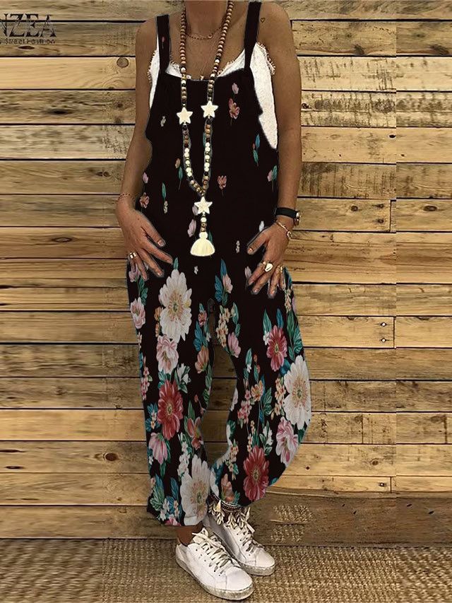 Women's Clothing Women's Cotton Linen Jumpsuit With Floral Print - Sweet Vintage Style Summer Romper, Sleeveless Overalls In 17 Boho Patterns (S-5XL)_voghion.com