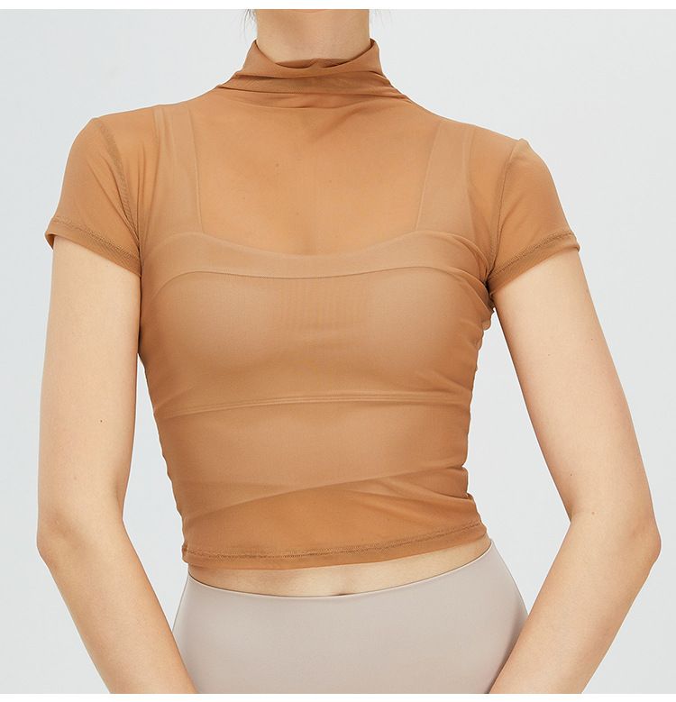 Maglietta da yoga vintage con collo alto, da donna, ad asciugatura rapida, sportiva, in rete, con protezione solare, per yoga_voghion.com
