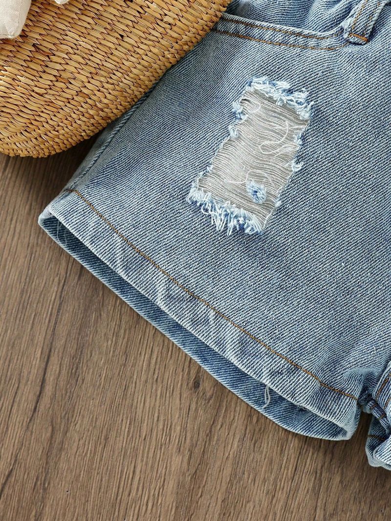 Adorabile completo in denim con stampa floreale per bambine - Pantaloncini in morbido cotone e canotta per bambine (3-8 anni, 90-130 cm)_voghion.com