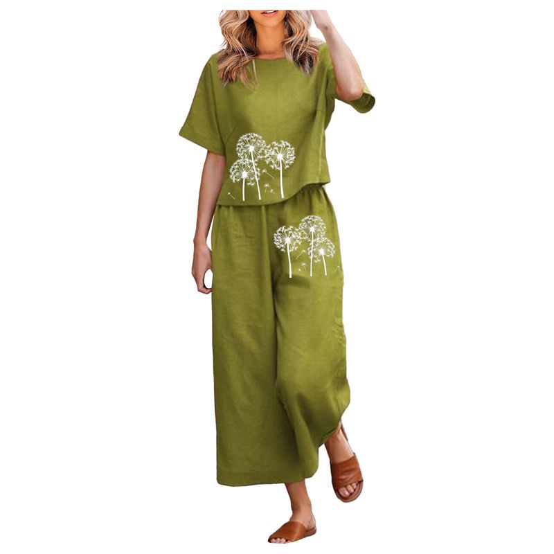 Audday 2025 New Solid Color Short Sleeve With Printed Iron-on Design Two-piece Set For Women_voghion.com