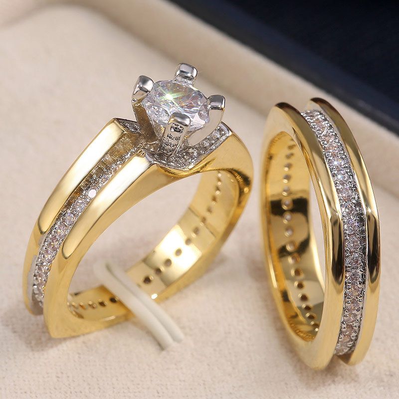 2025 Nuovi arrivi Huitan color oro 2 pezzi set per donne matrimonio fidanzamento anello gioielli lucido cristallo cubico zirconia dichiarazione anelli_voghion.com