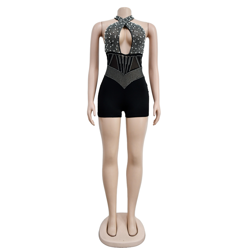 Women's mesh mesh perm beads sleeveless shorts jumpsuit_voghion.com
