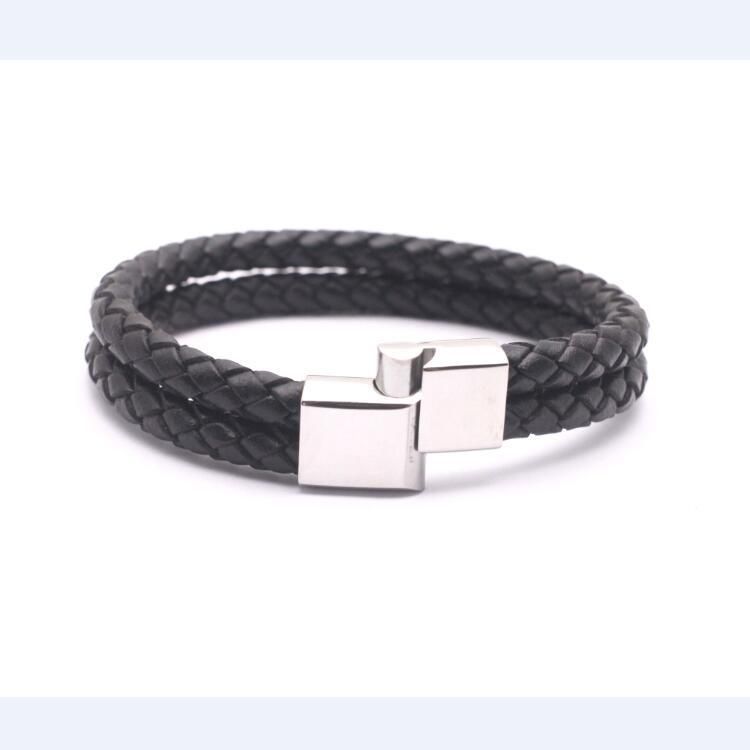 Bracciale magnetico intrecciato con doppio strato di pelle autentica e personalità minimalista, per uomo e donna, in acciaio al titanio, retrò_voghion.com