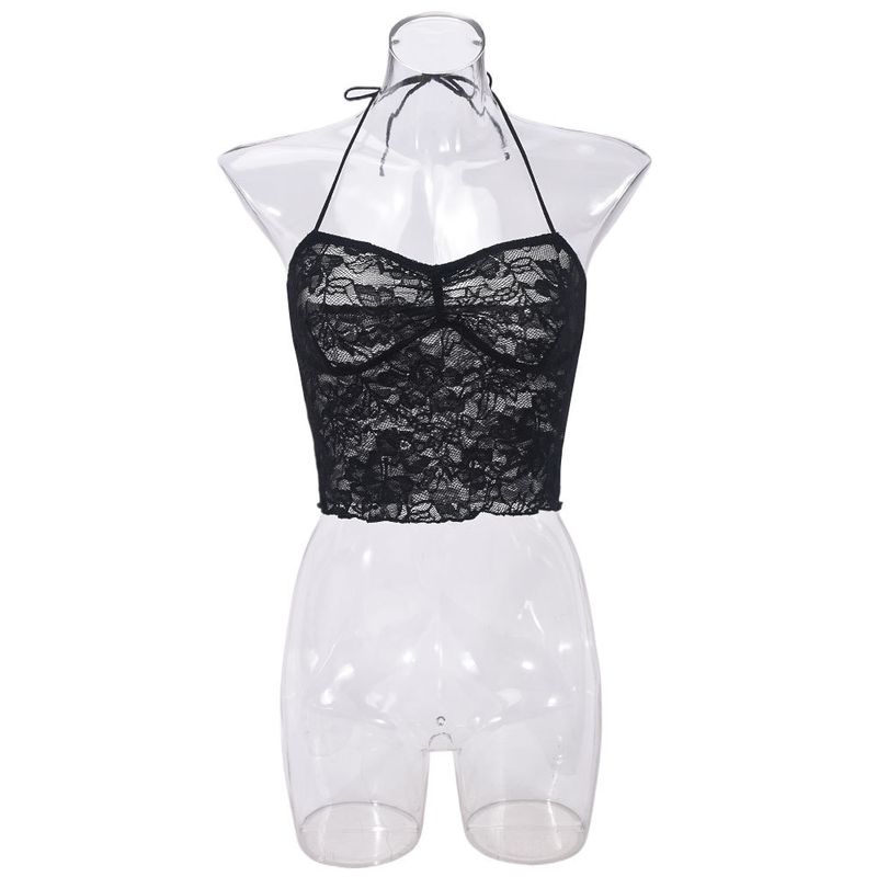 Sexy Spitzen-Bralette-Top – Rückenfreies Camisole aus transparentem Netzstoff mit Bindedetail | Blumenmuster, dehnbar und atmungsaktiv | Clubwear (Schwarz, S/M/L)_voghion.com