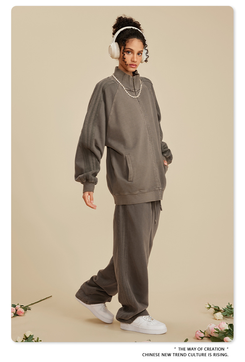 Men's Washed Bijoux Insert Zip Jacket Vintage Street Sweatshirt_voghion.com