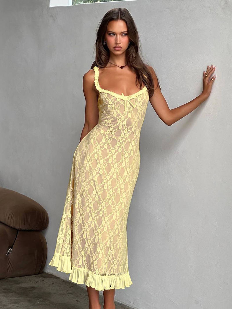 Foreign Trade New European And American Style Diamond Collar Double Lace Splicing Bow Decoration Sling Long Hip Fishtail Skirt_voghion.com