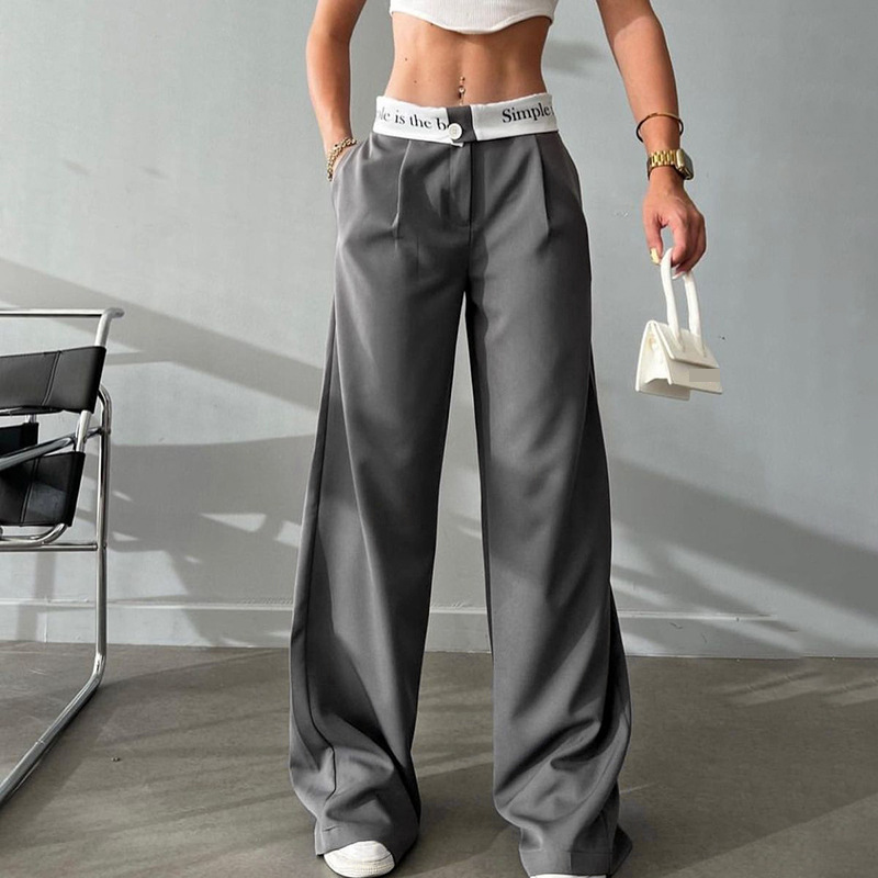 Moda damă ocazional drepți pantaloni asortați, tricotați cu talie înaltă, culoare contrastantă, pantaloni de costum largi, toamnă_voghion.com