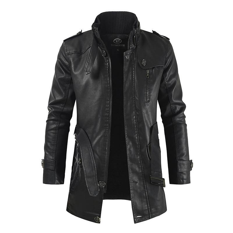 Herren Mittellange Lederjacke Jugend Stehkragen Plus Kaschmir PU Jacke Casual_voghion.com