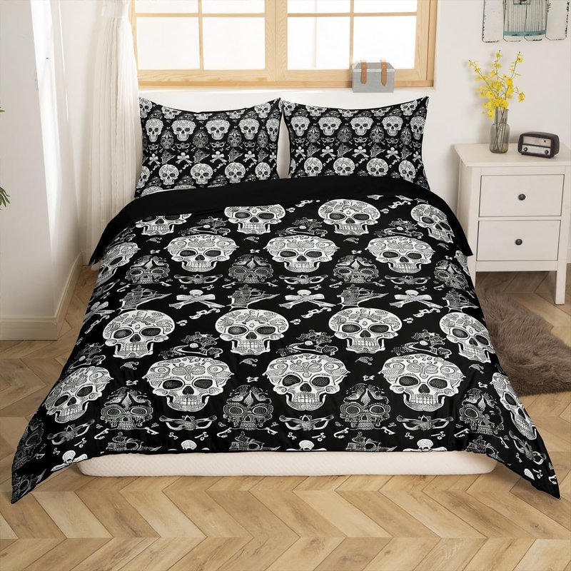 Copripiumino per lettino con teschio, copripiumino con ossa di scheletro, set di biancheria da letto gotico spettrale, set di biancheria da letto gotico di Halloween con 2 federe, arredamento per camera da letto_voghion.com