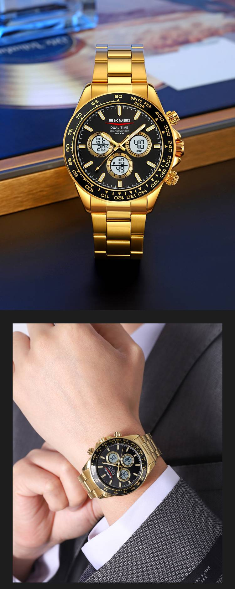 SKMEI 2 Multifunktionale Sportuhr: 30 m wasserdicht, Dualzeit, Alarm, EL-Hintergrundbeleuchtung, Wochen- und Datumsanzeige, schwarzes Armband, gold-/silbernes Gehäuse_voghion.com