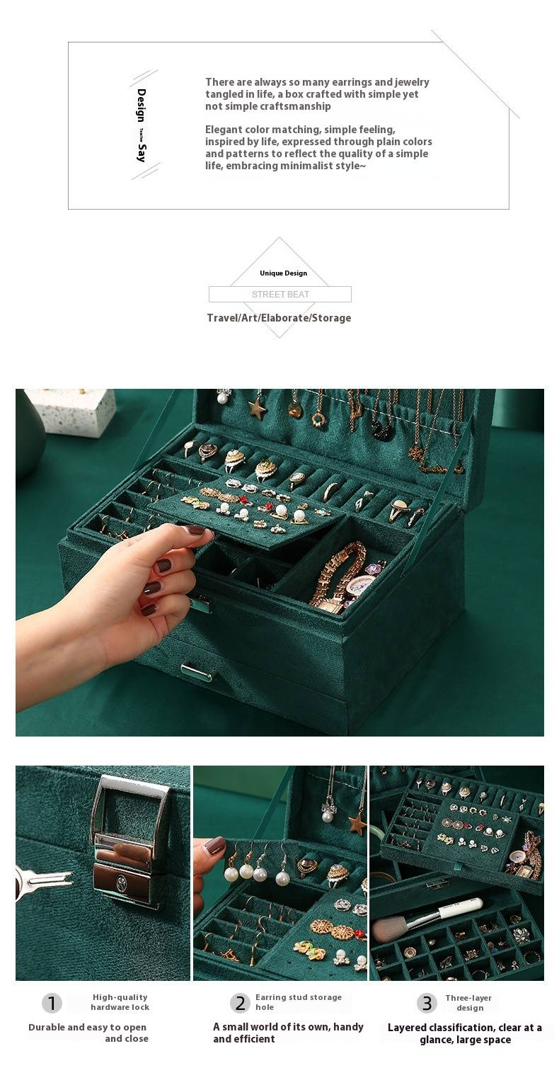 Scatola portagioie in velluto con cassetto chiudibile a chiave a tre strati, scatola portagioie per orecchini, scatola portagioie, scatola portagioie per braccialetti_voghion.com