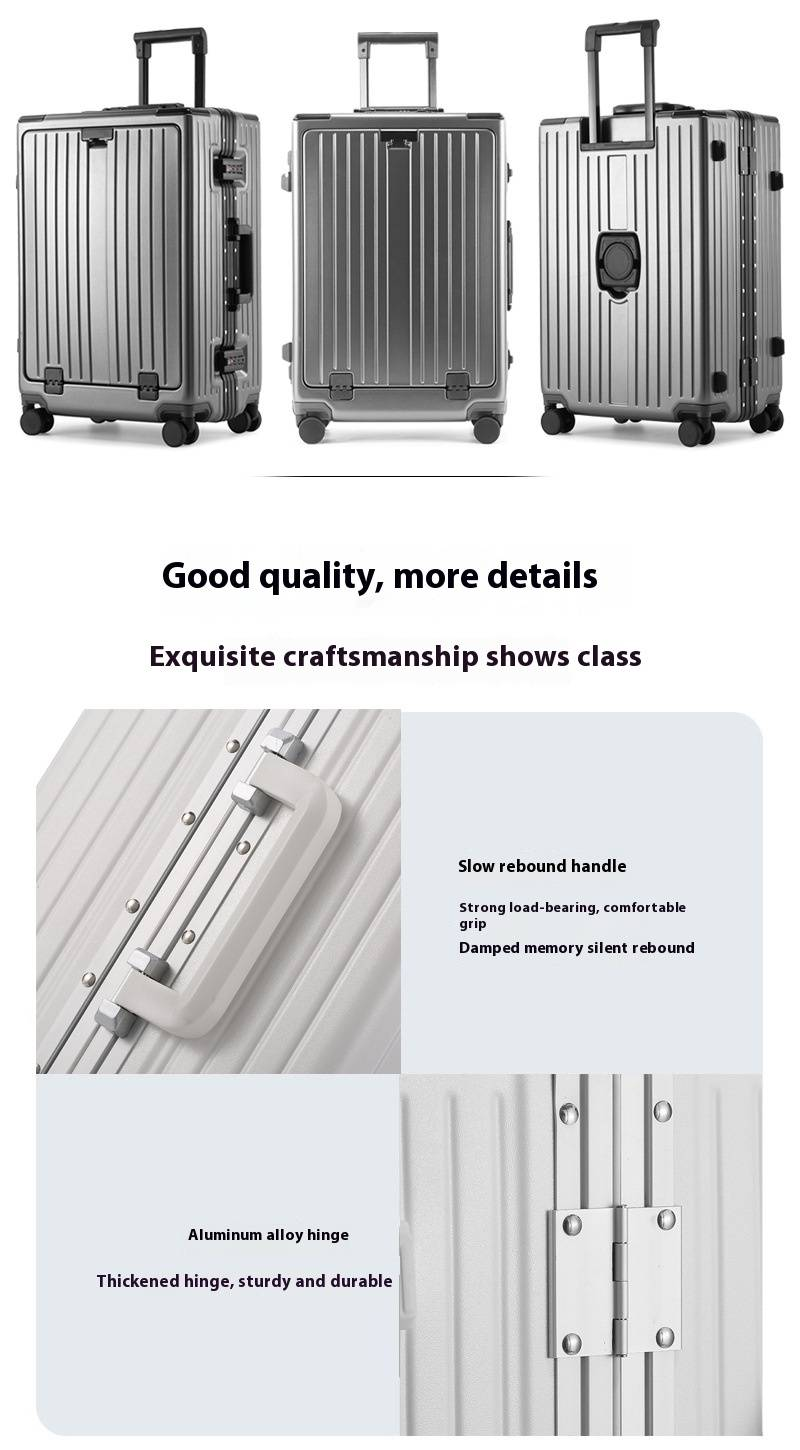 Bagaglio a mano multifunzionale con telaio in alluminio di alta qualità, porte di ricarica USB, ruote girevoli e apertura frontale (canna di fucile/bianco/nero)_voghion.com