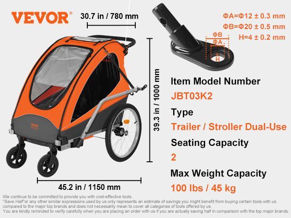 VEVOR Bike Trailer For Toddlers, Kids, Double Seat, 100 Lbs Load, 2-In-1 Canopy Carrier Converts To Stroller, Tow Behind Foldable Child Bicycle Trailer With Universal Bicycle Coupler, Orange And Gray_voghion.com