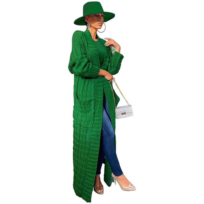 Damenbekleidung Locker gestrickte Strickjacke, gemütliche, übergroße Strickjacke mit Taschen, langer Zopfmuster-Pullovermantel, lockerer Boho-Chic, offene Vorderseite_voghion.com