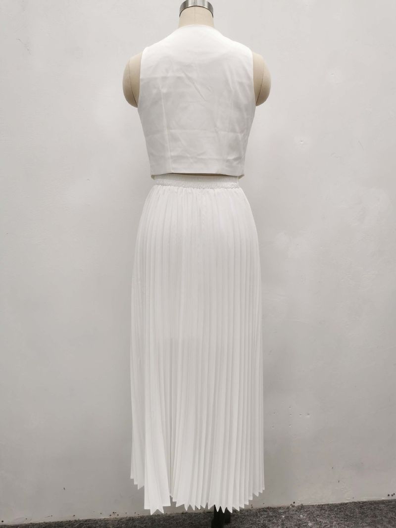 Damenbekleidung, neue Anzüge für Damen, Sommer, ärmellose Weste, halblanger, plissierter langer Rock, zweiteiliger Anzug_voghion.com