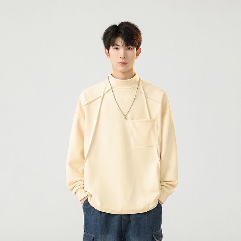 Spring Autumn New Half High Neck Hoodie Long Sleeve T-Shirt Men's Trendy Brand Loose And Versatile Casual Men 16E_voghion.com