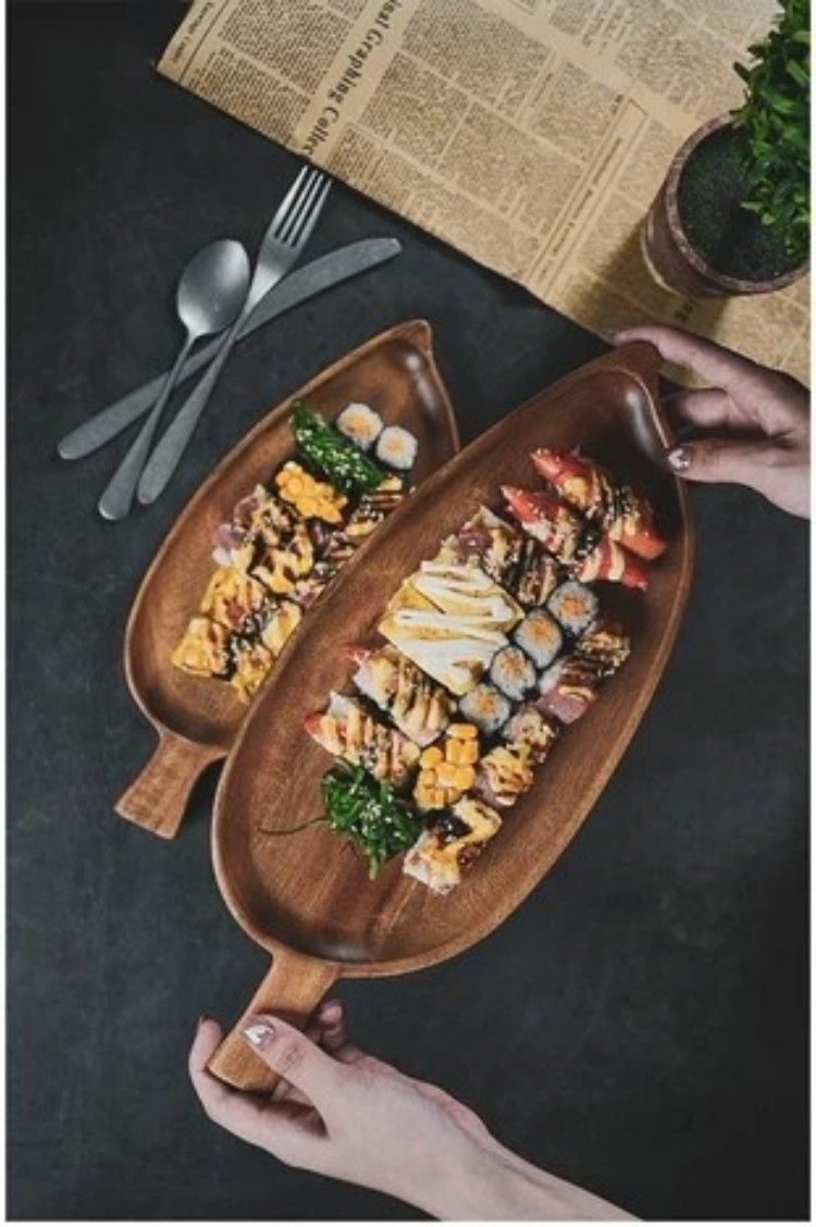 Acacia Wood Leaf-Shaped Serving Tray – Elegant Tea Party Platter For Sushi Snacks & Desserts (Stylish Wooden Display Board Handcrafted)_voghion.com