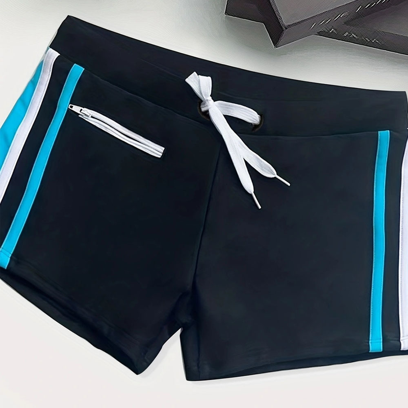 2024 Men's Clothing foreign trade new men's color-blocked zipper tether slim fit boxer shorts for swimming and beach manufacturers in stock_voghion.com