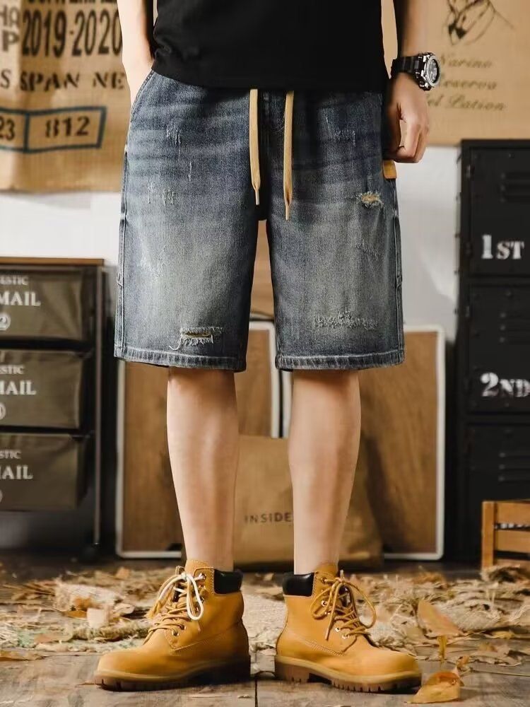 2023 Summer Thin Shorts, Men's Slim Fit Jeans, Trendy Brand Stretch Pentagram Pants, Fashionable Youth Casual Mid Pants_voghion.com