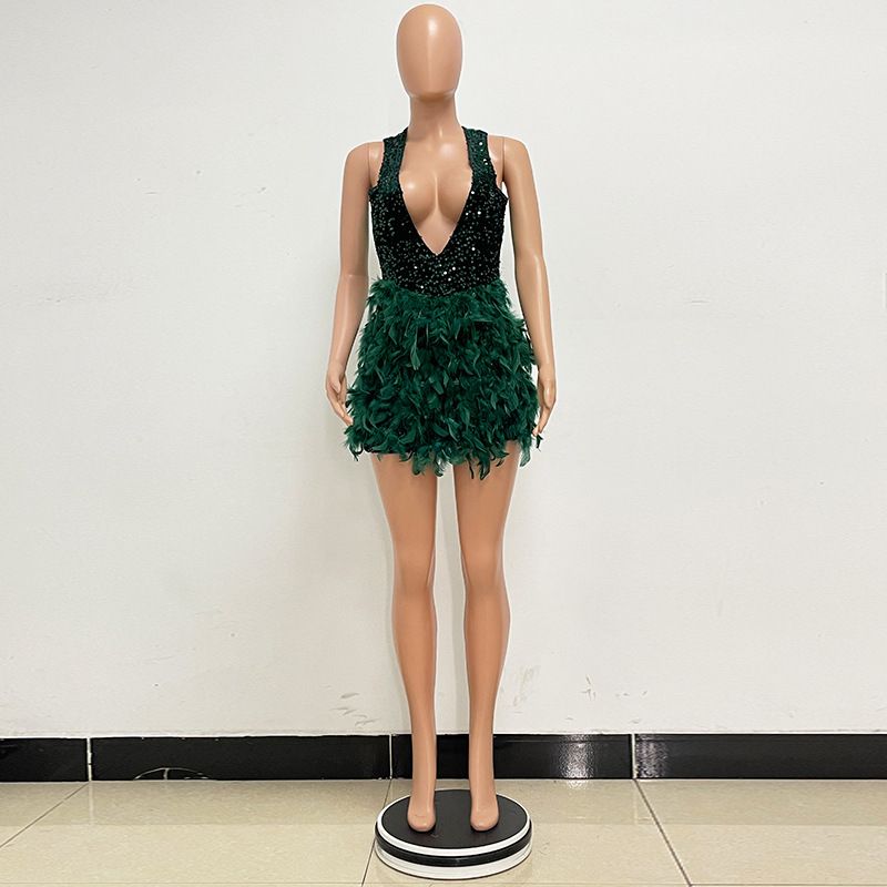 Women's High-end Light Luxury Sleeveless Hip Hugging Skirt Pure Desire Wind Deep V Backless Feather Dress For Women_voghion.com