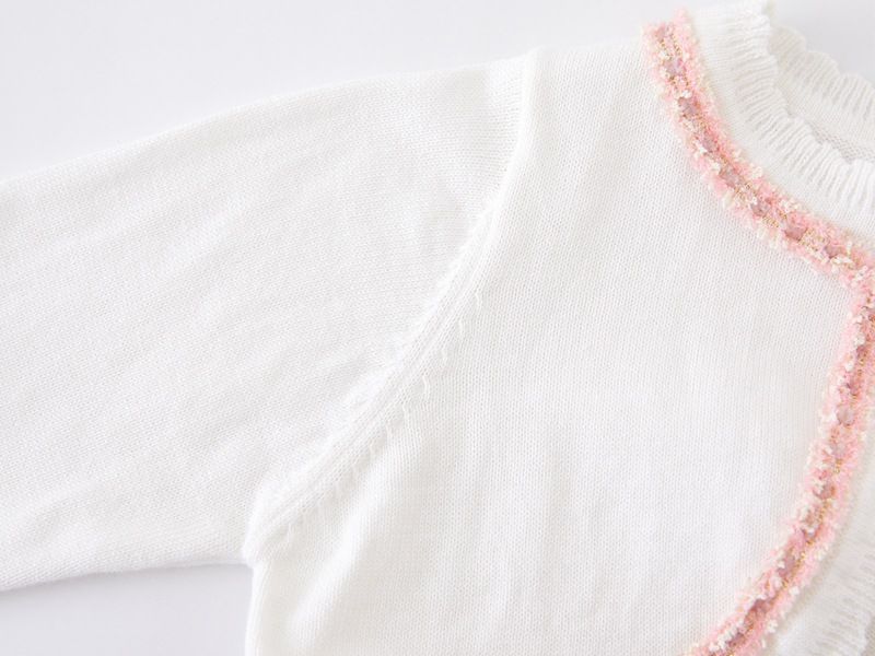 Cardigan élégant en tricot d'inspiration victorienne pour mère et enfant, avec bordure en dentelle, léger et doux, en mélange de coton (blanc-rose/blanc-noir/violet-rose)_voghion.com