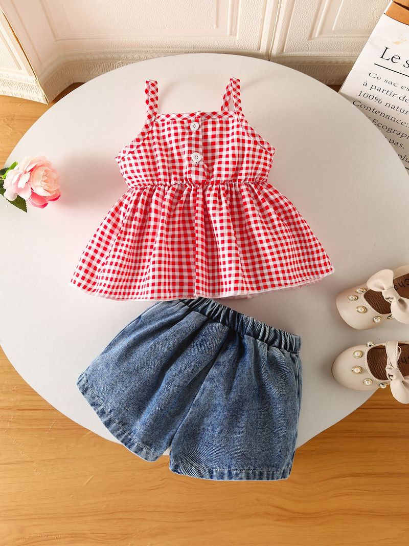 "Baby-Mädchen-Set aus Bubble-Gaze-Strampler und Jeansshorts – Sommer-Outfit aus atmungsaktiver Baumwollmischung für Kleinkinder von 1–3 Jahren (80–100 cm) – gestreift und kariert"_voghion.com