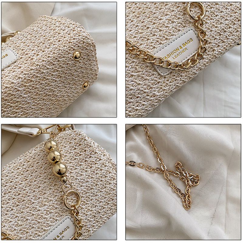 Borsa a tracolla cilindrica versatile in paglia con catena di perle alla moda e patchwork, di alta qualità, per donna_voghion.com