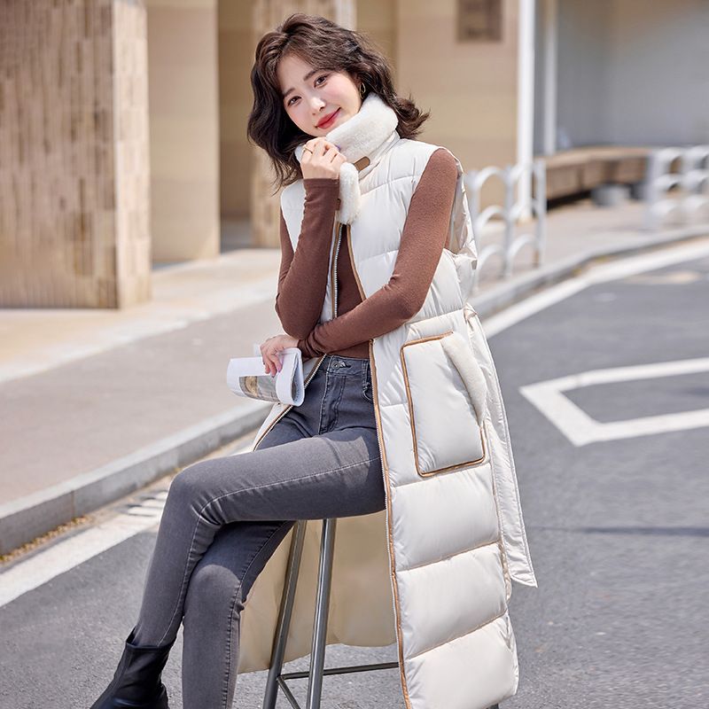 Gilet long sans manches à capuche pour femme, fermeture éclair réversible, taille cintrée, doudoune matelassée légère pour le travail et les loisirs._voghion.com
