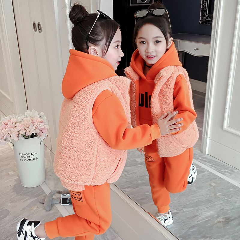 Felpa con cappuccio in pelliccia per bambina, versione coreana, in tre pezzi, per stagista autunnale e invernale, 2023_voghion.com