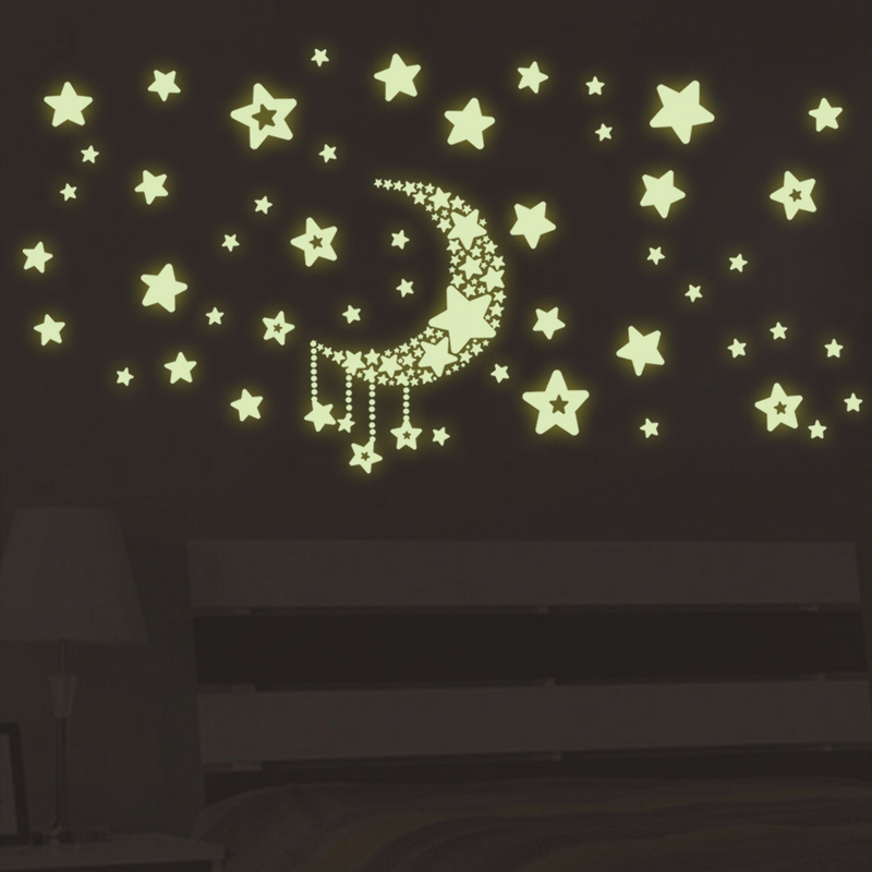 Wandaufkleber, selbstklebend, Sterne, Mond, Nachtleuchten, fluoreszierende Wandaufkleber, Kinderzimmer-TV-Hintergrund-Wanddekoration, Gemälde-Aufkleber_voghion.com
