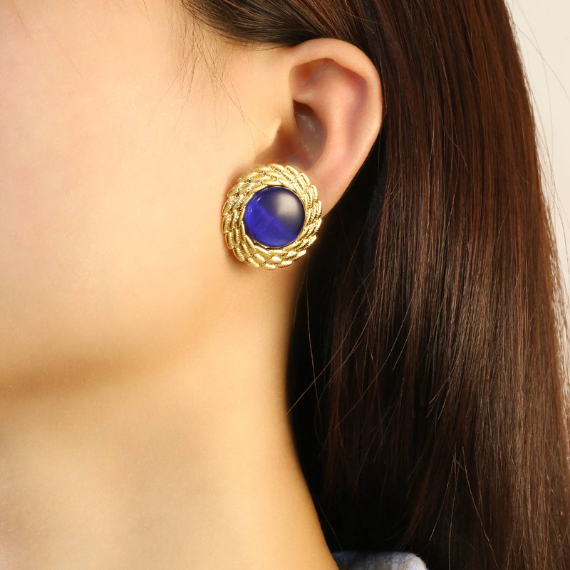 New light luxury retro irregular round earrings for women, inlaid with cat eye stones, high-end and exaggerated design, stainless steel earrings_voghion.com
