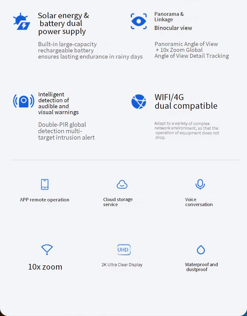 Kettős tápellátású, 6MP-es PTZ biztonsági kamera - 10x optikai zoom, napelemes/akkumulátoros, hibrid, automatikus követés, 360°-os lefedettség, IP66 vízálló, színes éjjellátó funkció._voghion.com