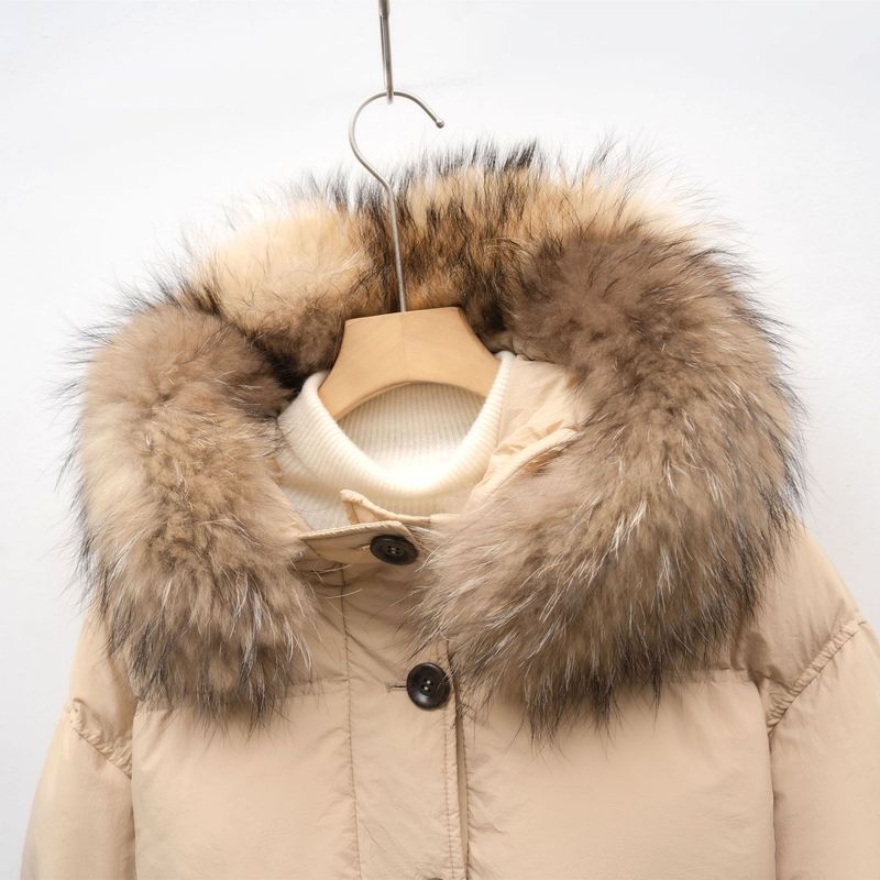 Jaqueta curta feminina com capuz de pele de raposa - Casaco de inverno grosso e solto, enchimento de penas de pato, revestimento de nylon, preto e cáqui_voghion.com