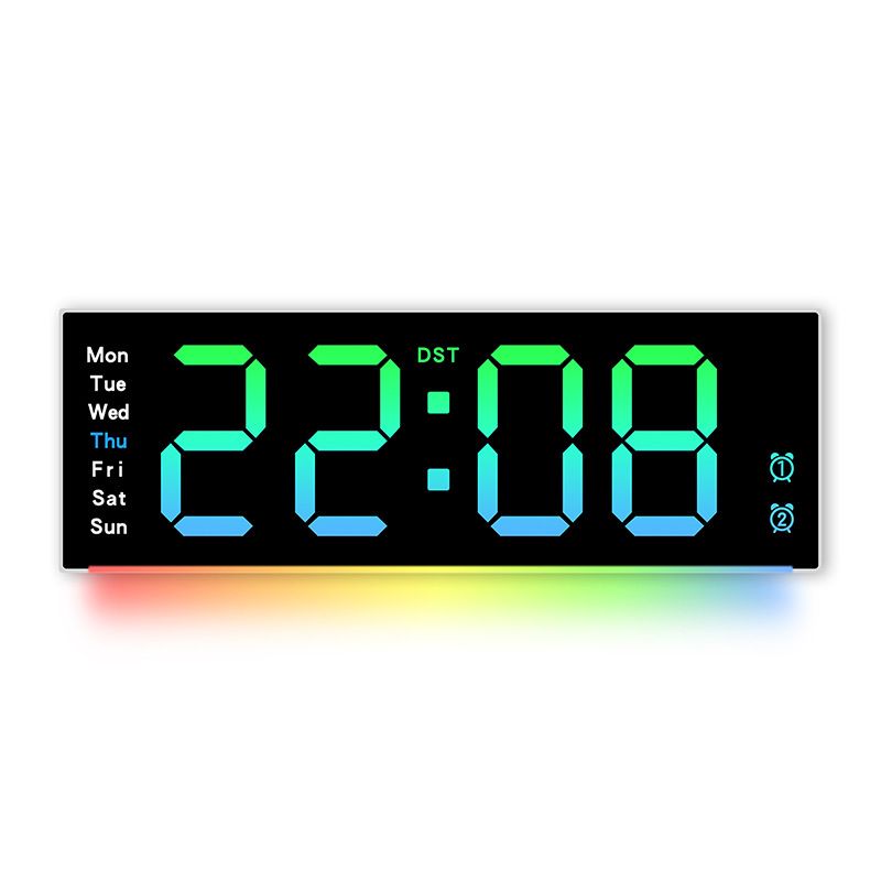 Moderne LED-Wanduhr mit Umgebungslicht, Digitalanzeige, Kalender, Temperatur und Alarm – 6691R (Weiß/Schwarz)_voghion.com