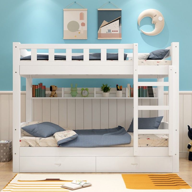 Extra-Large Storage Drawers Bunk Bed White Modern Minimalist High-Low Bed Thickened Solid Wood Sturdy Structure Adult & Children's Room_voghion.com