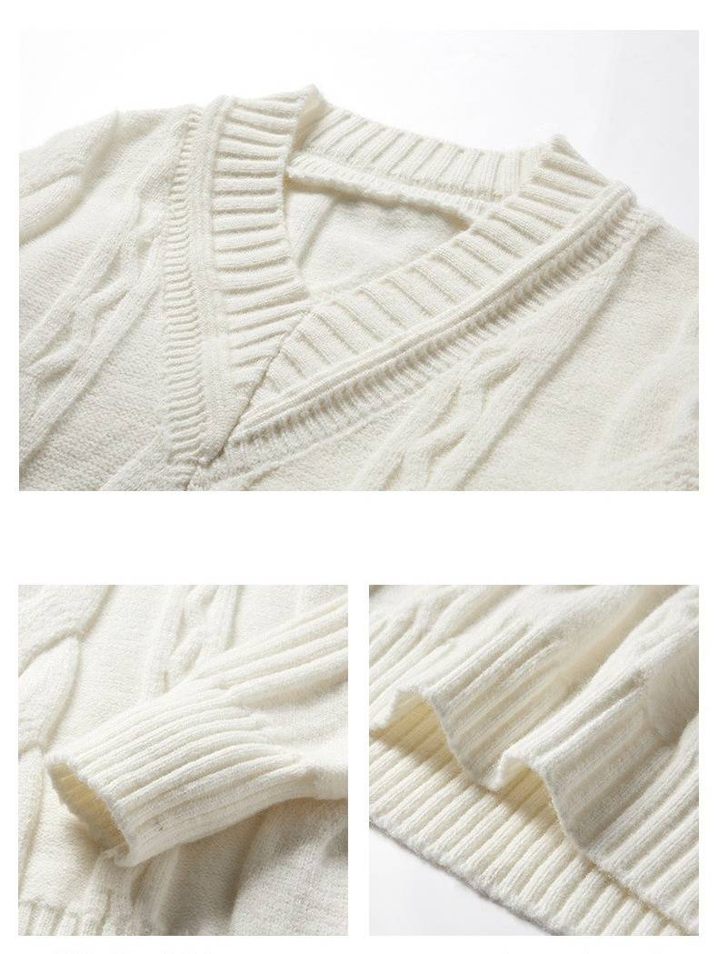 Pull en maille à col en V pour homme, motif torsadé, pull épais idéal pour un style décontracté chic et la superposition, grandes tailles disponibles._voghion.com