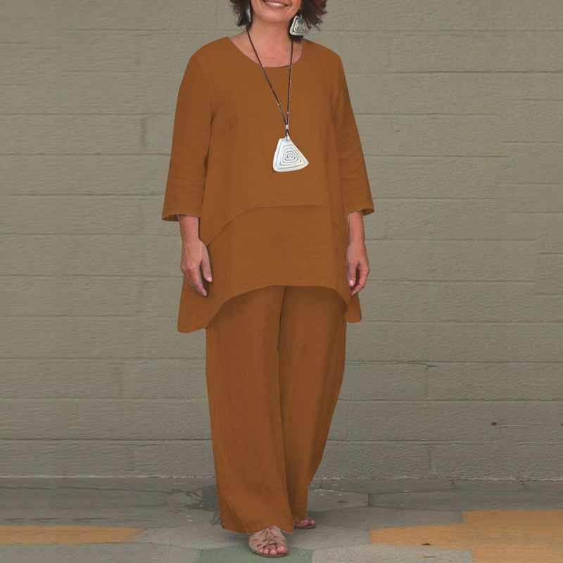 2024 Nouvelles Femmes Coton Chanvre Mode Décontracté Grande Irrégulière Manches Longues Pantalon Large Jambe Deux Pièces Ensemble_voghion.com