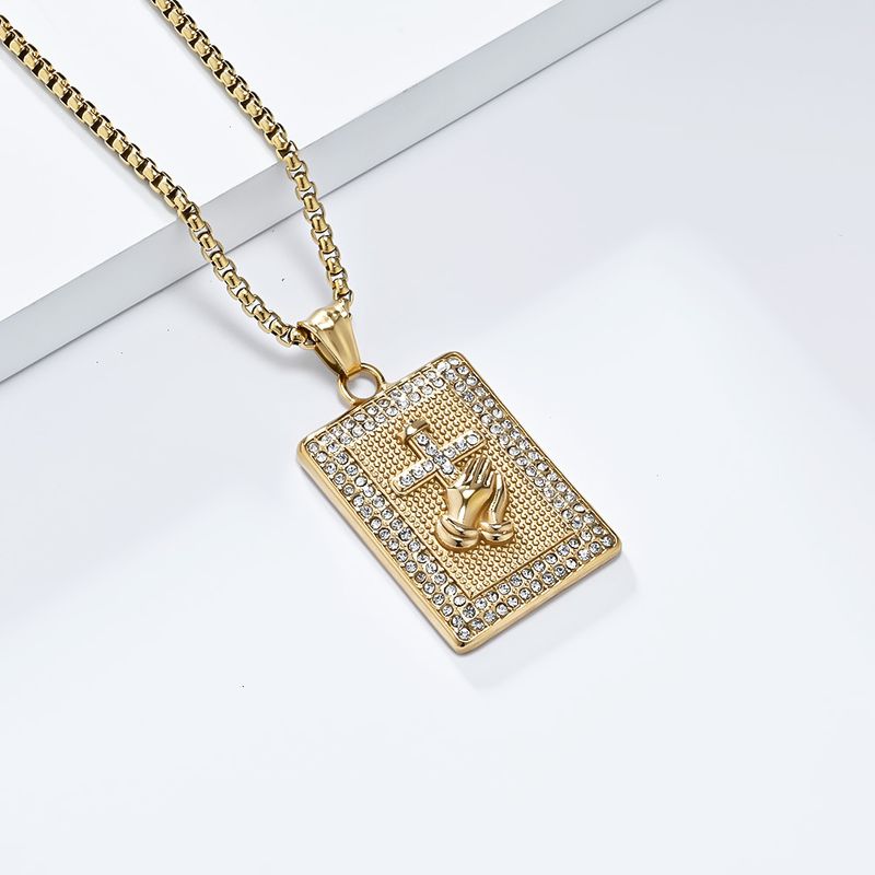 Hiphop praying hands cross full diamond titanium steel necklace plated K pendant_voghion.com