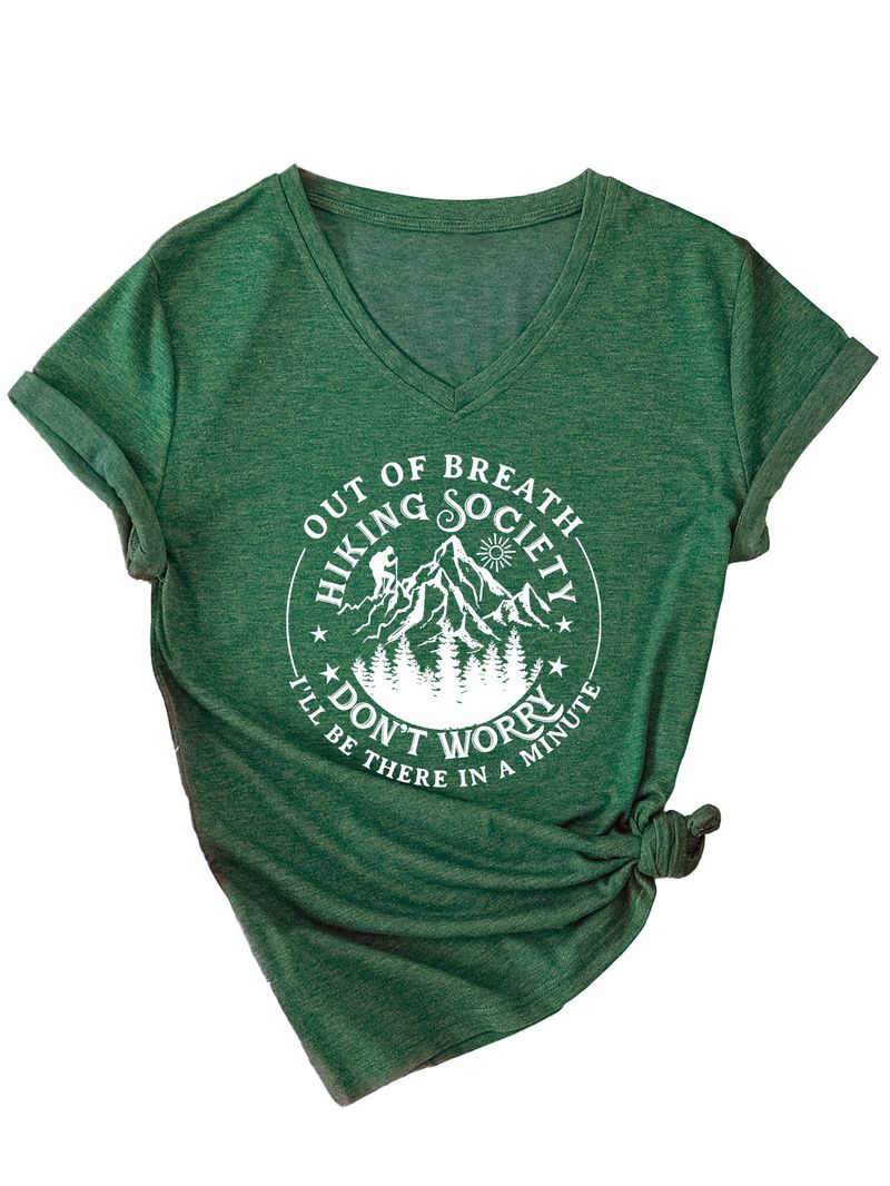 Sommar V-ringad Ny Slim Fit Out Of Breath Hiking Society Mångsidig Kortärmad T-shirt För Dam_voghion.com